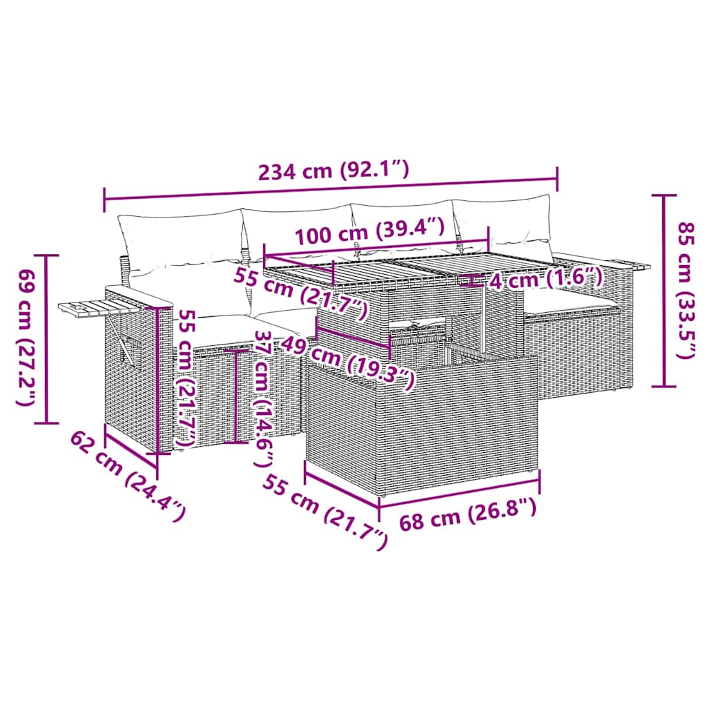 5-tlg. Garten-Sofagarnitur mit Kissen Beige Poly Rattan Akazie