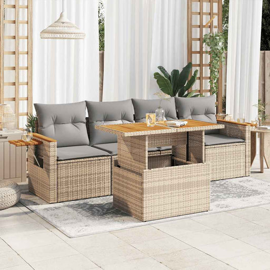 5-tlg. Garten-Sofagarnitur mit Kissen Beige Poly Rattan Akazie