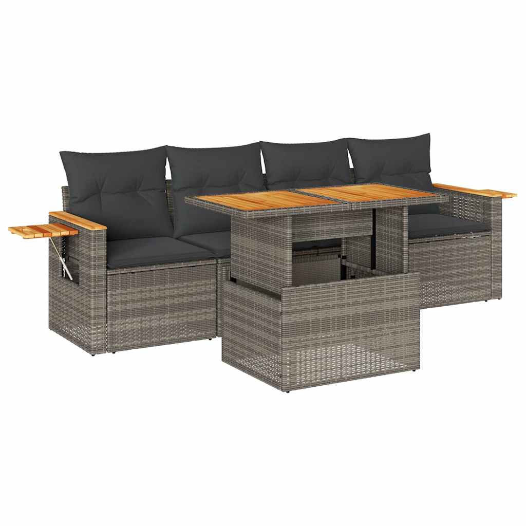 5-tlg. Garten-Sofagarnitur mit Kissen Grau Poly Rattan Akazie