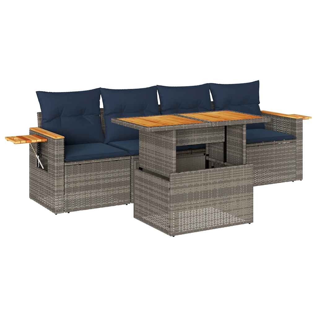 5-tlg. Garten-Sofagarnitur mit Kissen Grau Poly Rattan