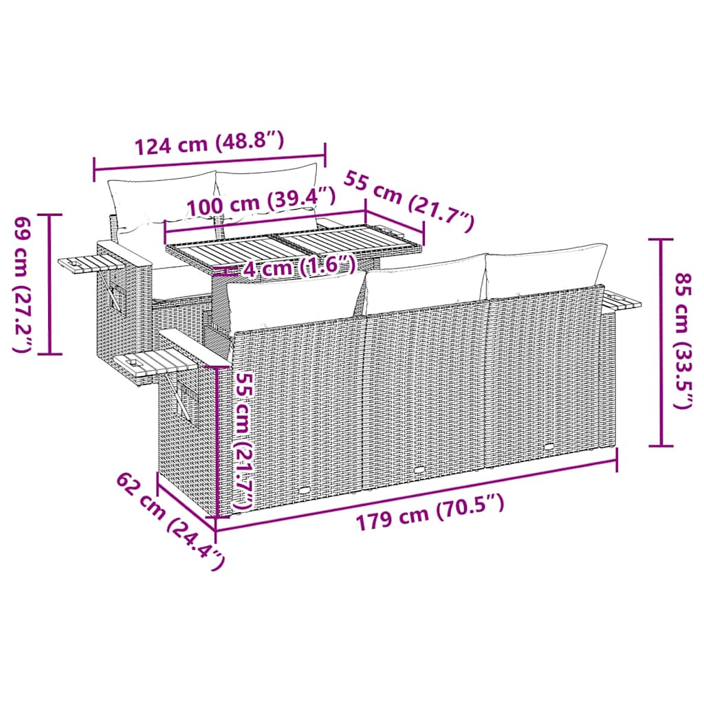 6-tlg. Garten-Sofagarnitur mit Kissen Beige Poly Rattan Akazie