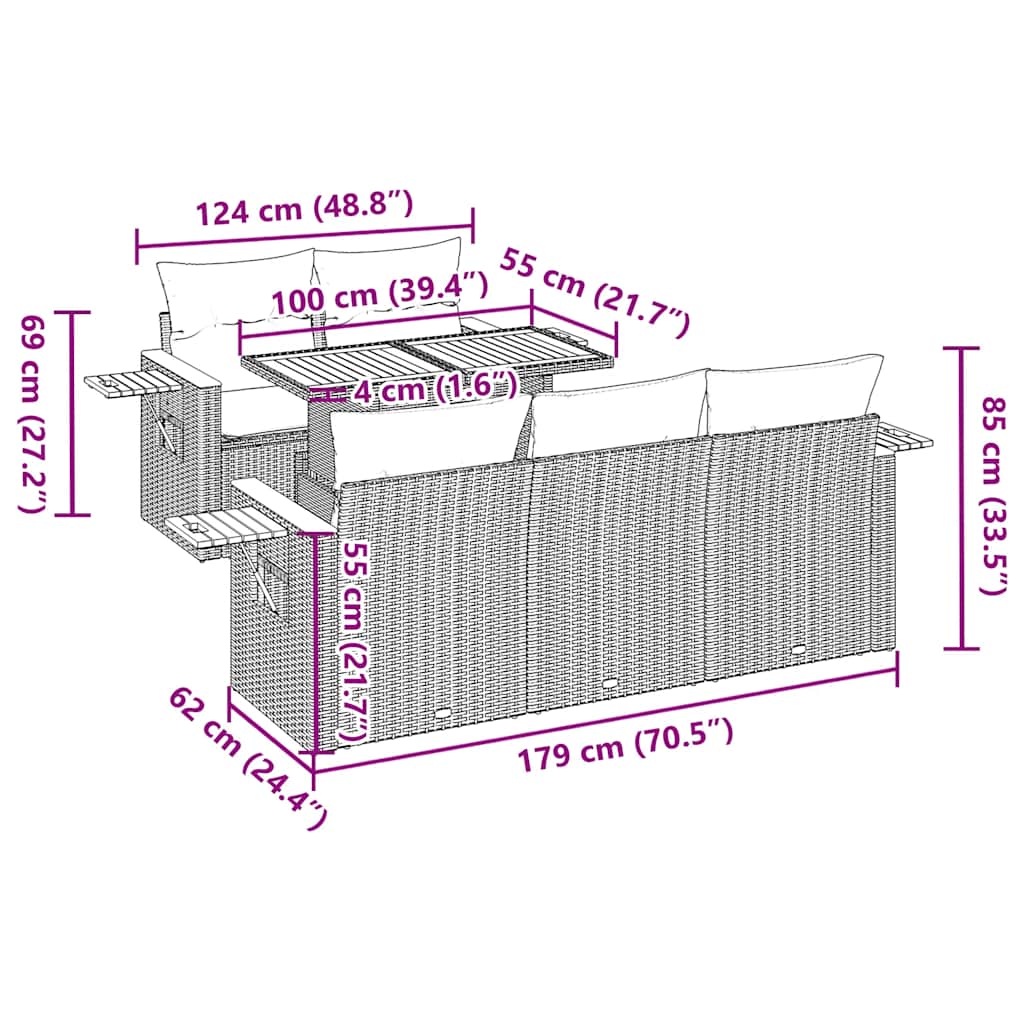 6-tlg. Garten-Sofagarnitur mit Kissen Beige Poly Rattan Akazie