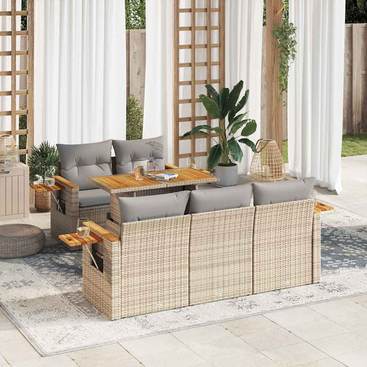 6-tlg. Garten-Sofagarnitur mit Kissen Beige Poly Rattan Akazie