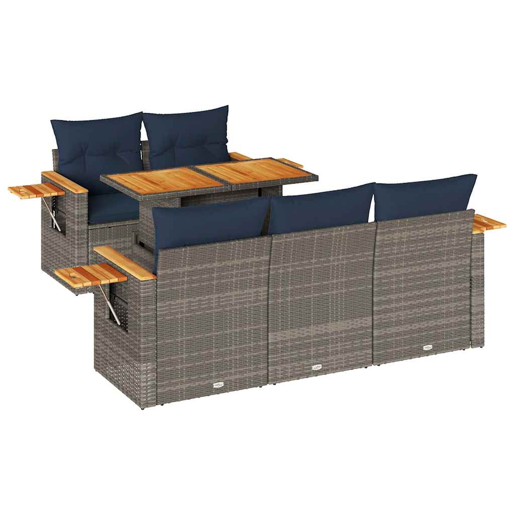 6-tlg. Garten-Sofagarnitur mit Kissen Grau Poly Rattan
