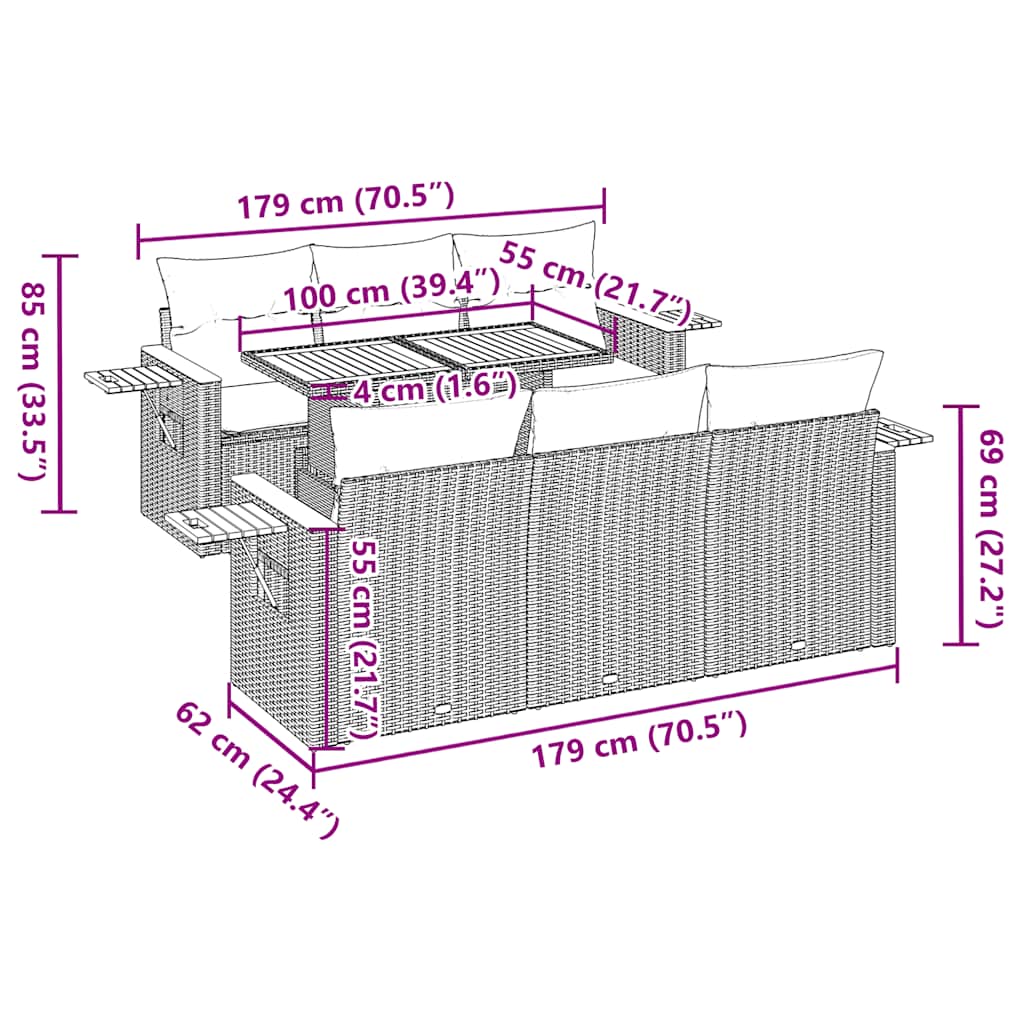 7-tlg. Garten-Sofagarnitur mit Kissen Beige Poly Rattan Akazie