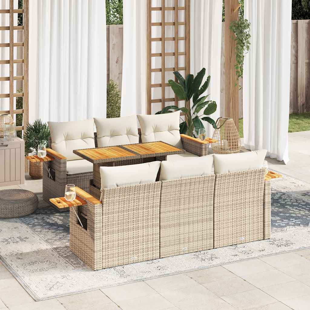 7-tlg. Garten-Sofagarnitur mit Kissen Beige Poly Rattan Akazie