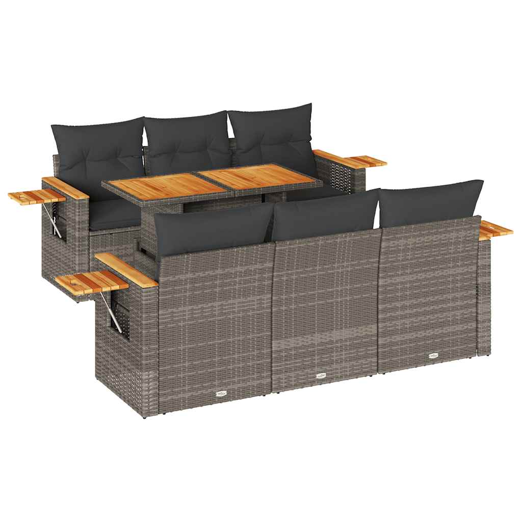 7-tlg. Garten-Sofagarnitur mit Kissen Grau Poly Rattan Akazie
