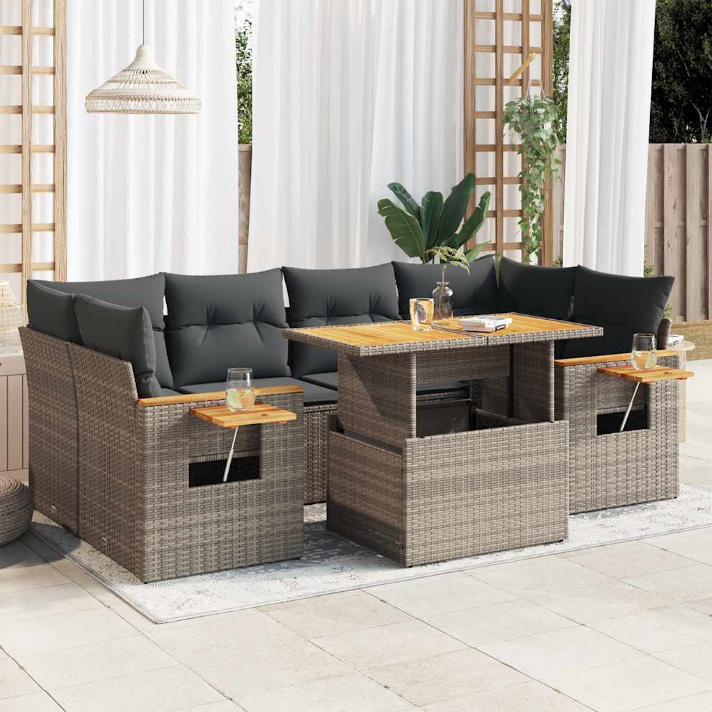 7-tlg. Garten-Sofagarnitur mit Kissen Grau Poly Rattan Akazie
