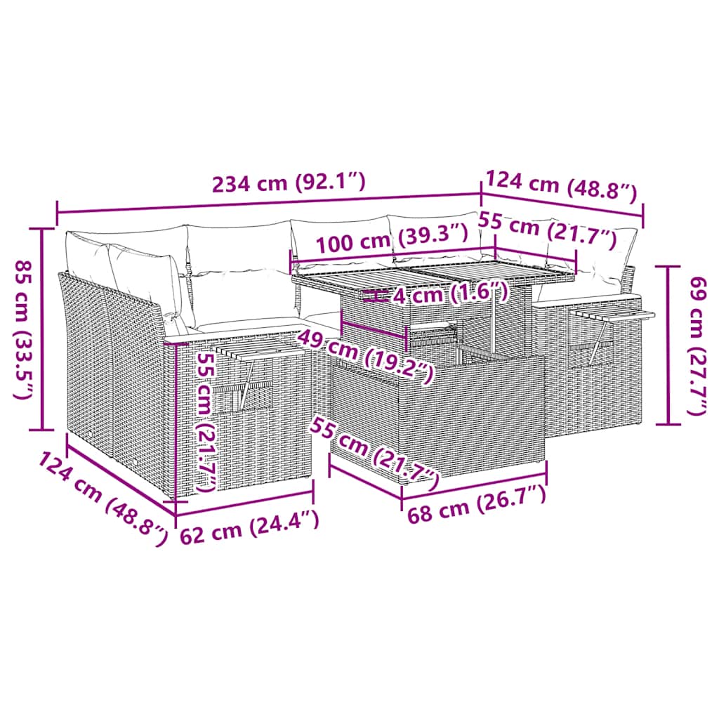 7-tlg. Garten-Sofagarnitur mit Kissen Grau Poly Rattan