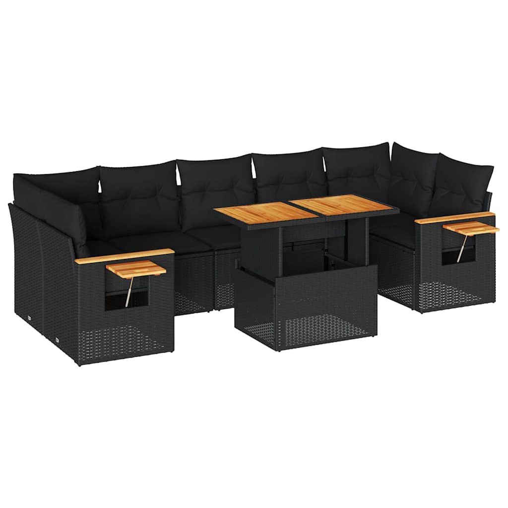 8-tlg. Garten-Sofagarnitur mit Kissen Schwarz Poly Rattan
