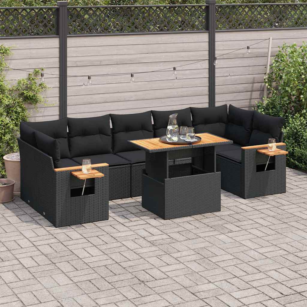 8-tlg. Garten-Sofagarnitur mit Kissen Schwarz Poly Rattan