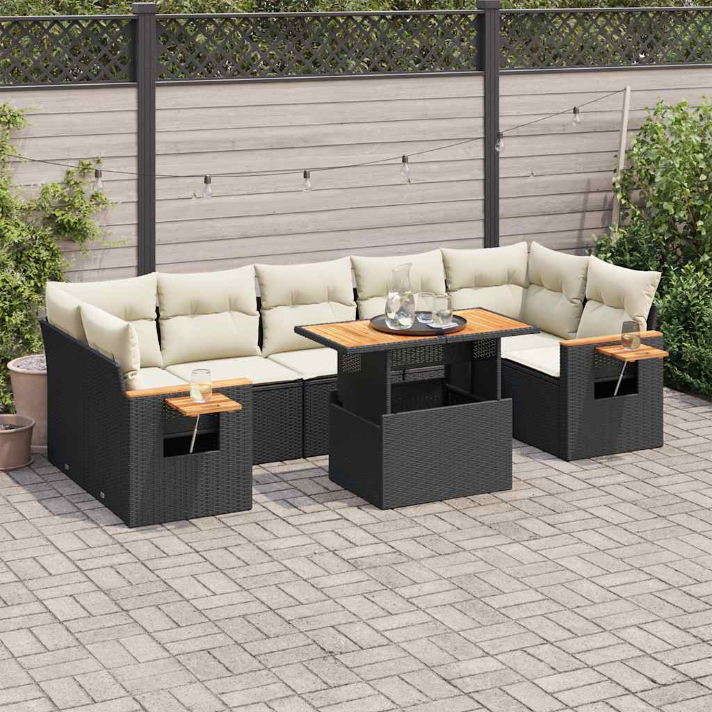 8-tlg. Garten-Sofagarnitur mit Kissen Schwarz Poly Rattan
