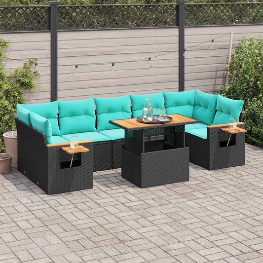 8-tlg. Garten-Sofagarnitur mit Kissen Schwarz Poly Rattan