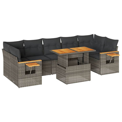8-tlg. Garten-Sofagarnitur mit Kissen Grau Poly Rattan Akazie