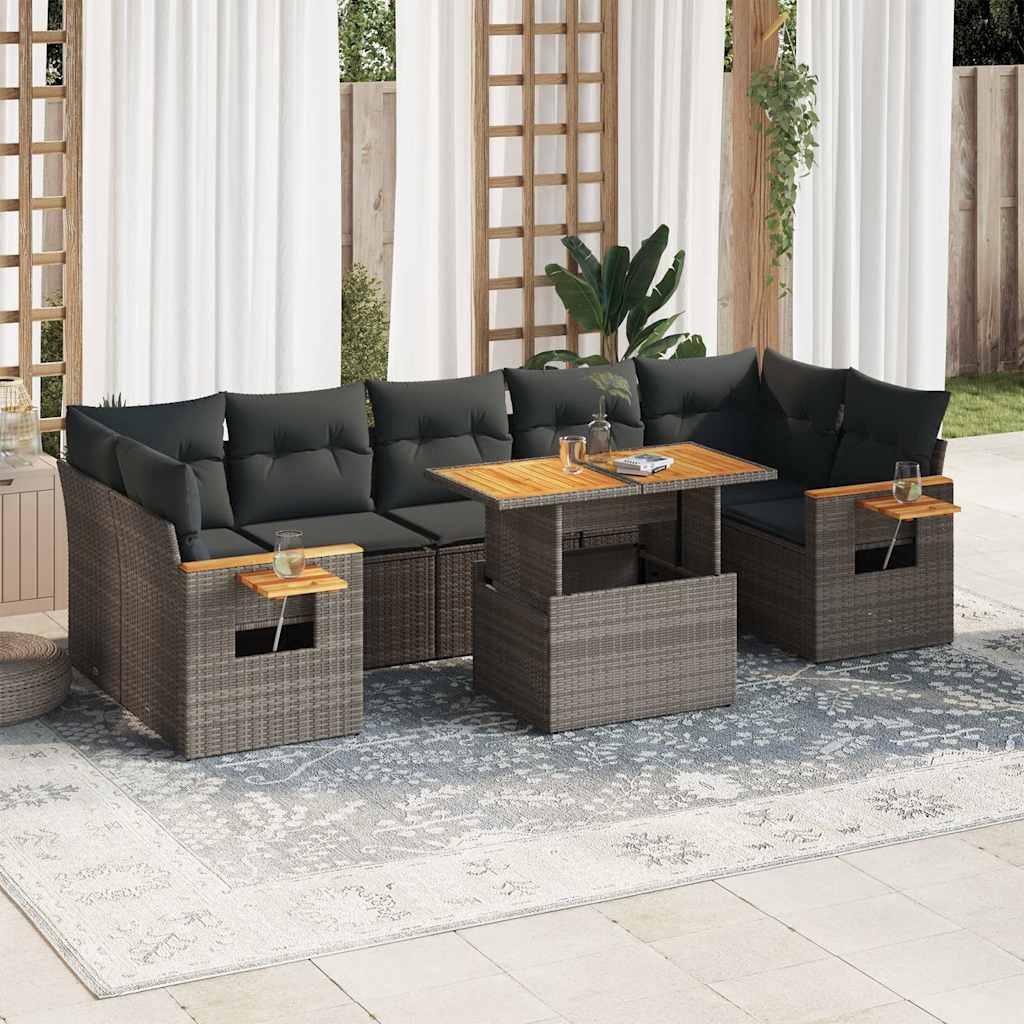 8-tlg. Garten-Sofagarnitur mit Kissen Grau Poly Rattan Akazie