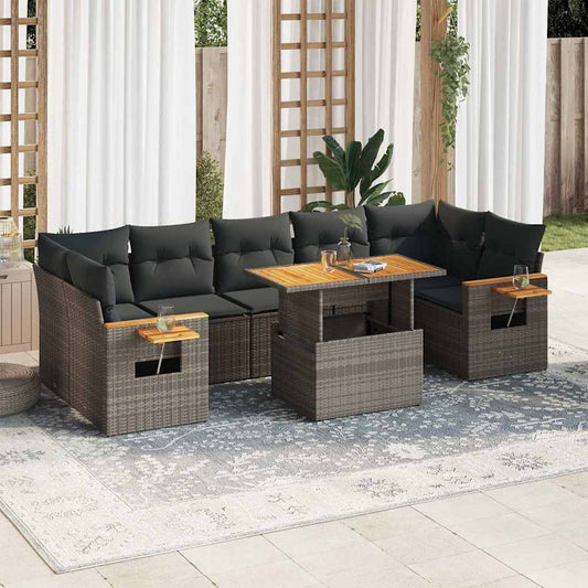 8-tlg. Garten-Sofagarnitur mit Kissen Grau Poly Rattan Akazie