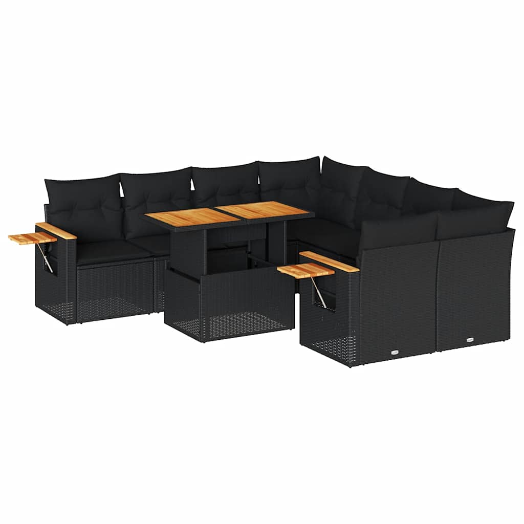 9-tlg. Garten-Sofagarnitur mit Kissen Schwarz Poly Rattan