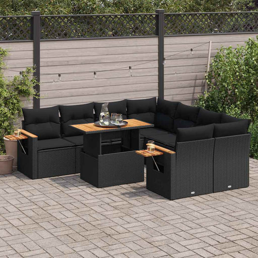 9-tlg. Garten-Sofagarnitur mit Kissen Schwarz Poly Rattan