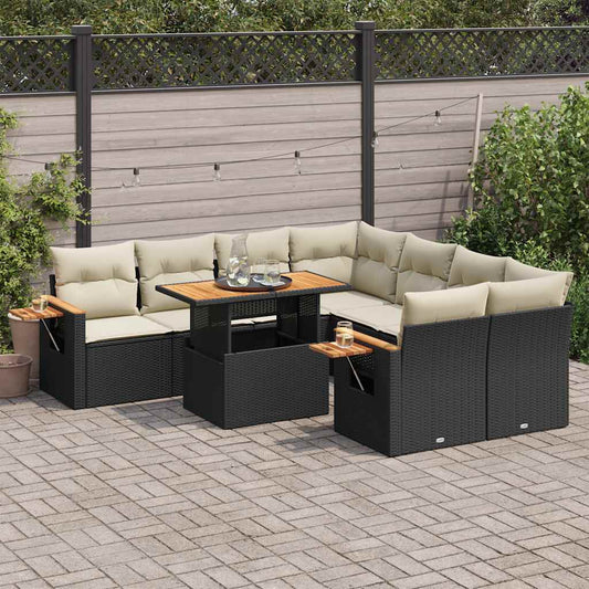 9-tlg. Garten-Sofagarnitur mit Kissen Schwarz Poly Rattan