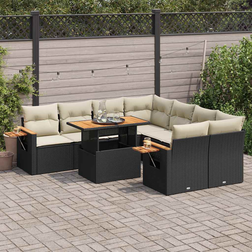 9-tlg. Garten-Sofagarnitur mit Kissen Schwarz Poly Rattan