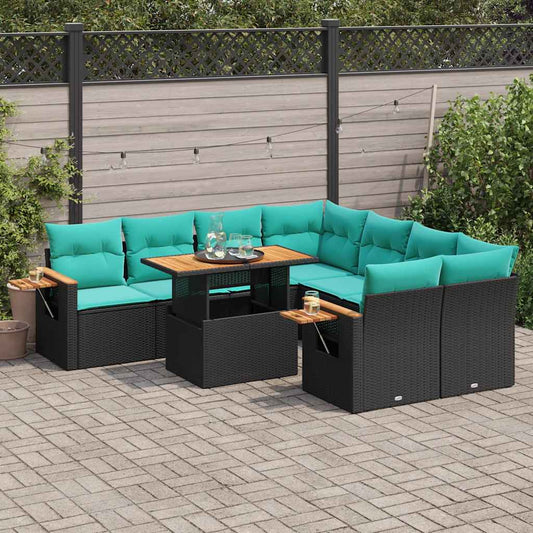 9-tlg. Garten-Sofagarnitur mit Kissen Schwarz Poly Rattan