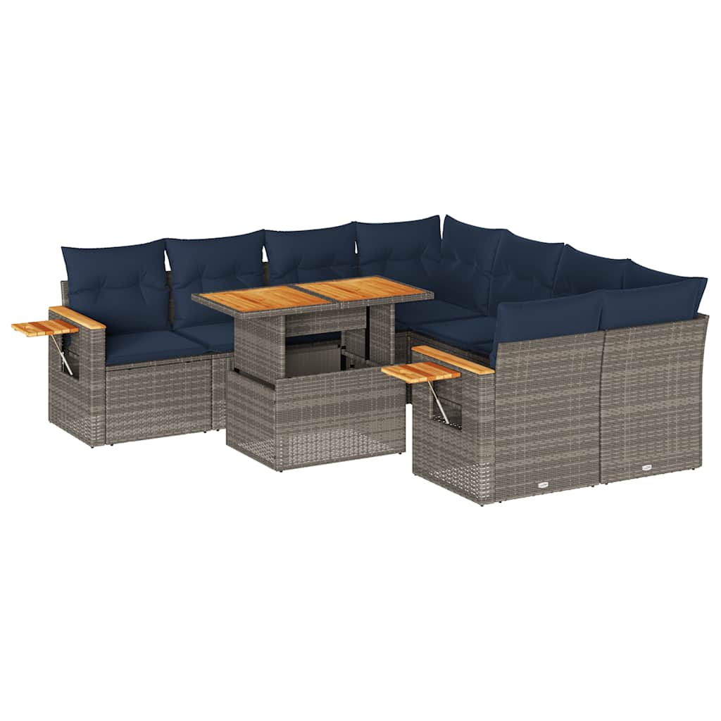 9-tlg. Garten-Sofagarnitur mit Kissen Grau Poly Rattan
