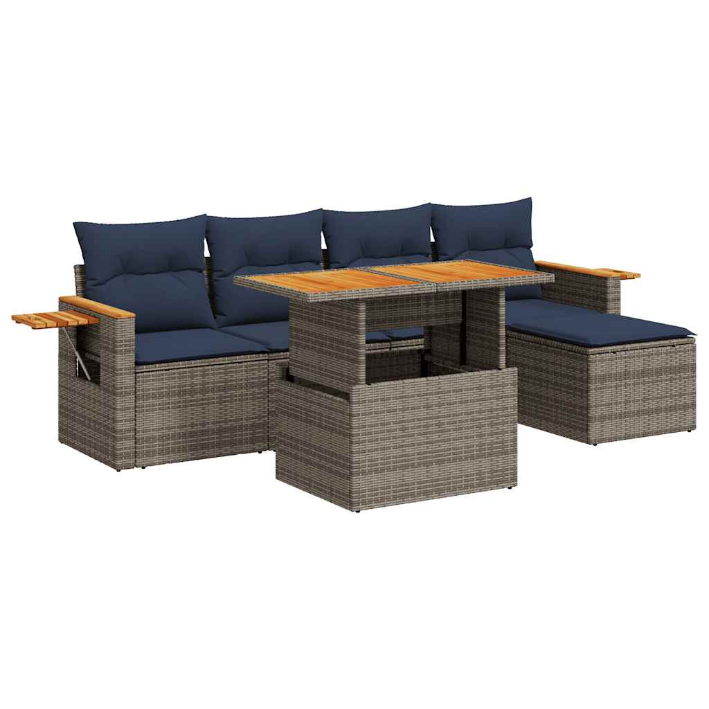 6-tlg. Garten-Sofagarnitur mit Kissen Grau Poly Rattan Akazie