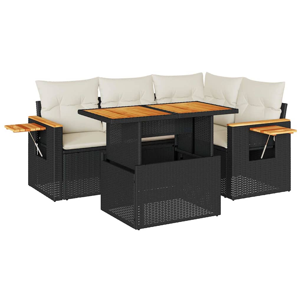 5tlg. Garten-Sofagarnitur mit Kissen Schwarz Poly Rattan Akazie