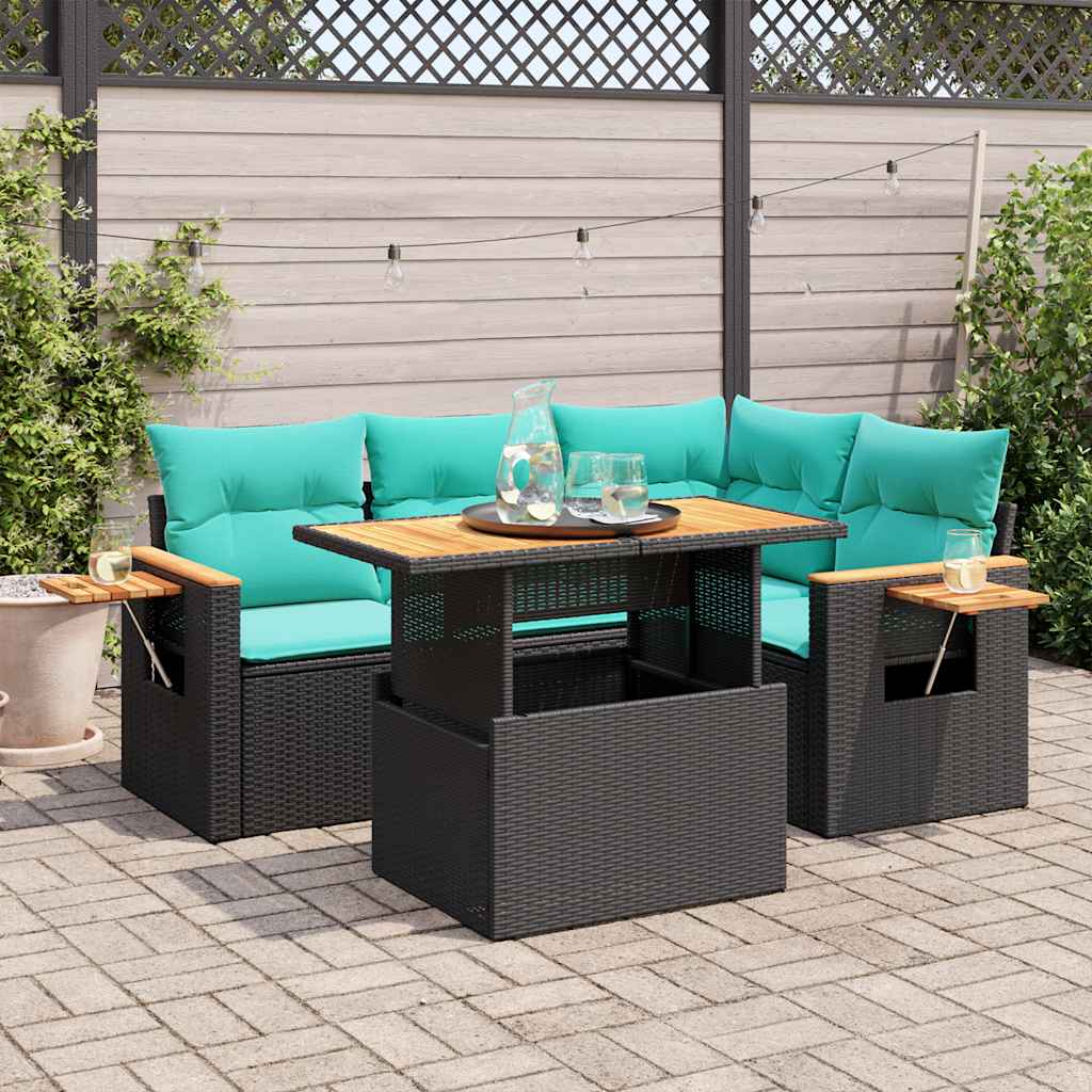 5tlg. Garten-Sofagarnitur mit Kissen Schwarz Poly Rattan Akazie