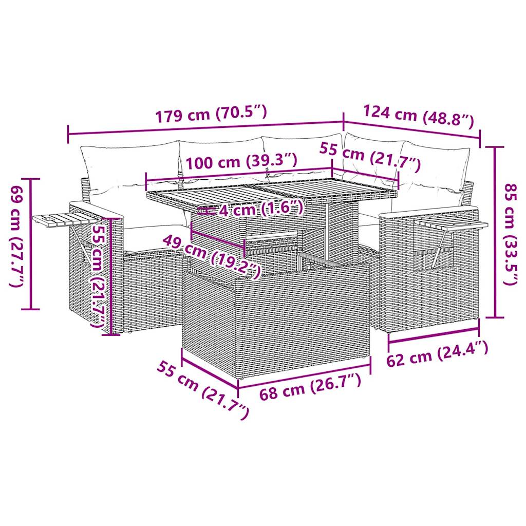 5-tlg. Garten-Sofagarnitur mit Kissen Beige Poly Rattan Akazie