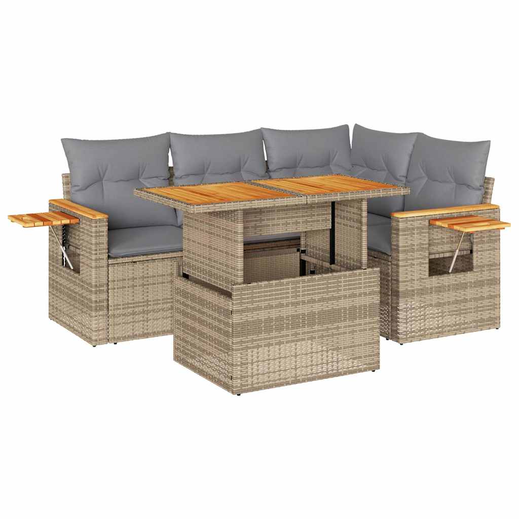 5-tlg. Garten-Sofagarnitur mit Kissen Beige Poly Rattan Akazie