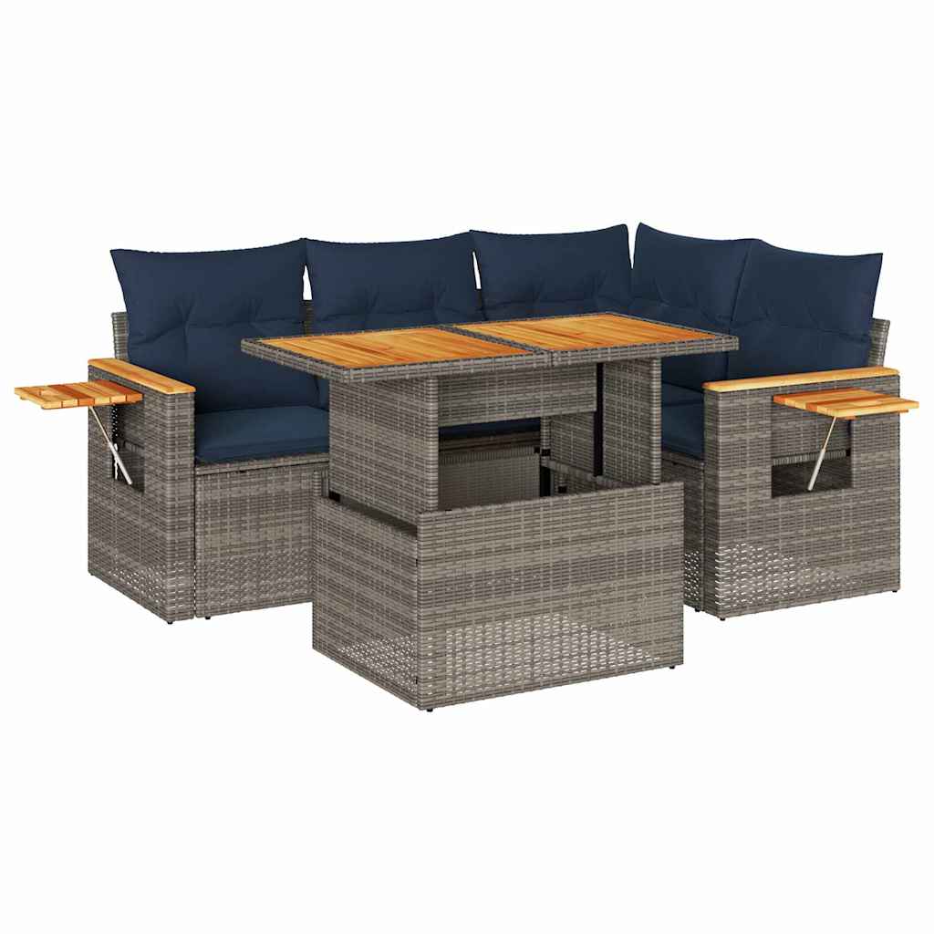 5-tlg. Garten-Sofagarnitur mit Kissen Grau Poly Rattan Akazie