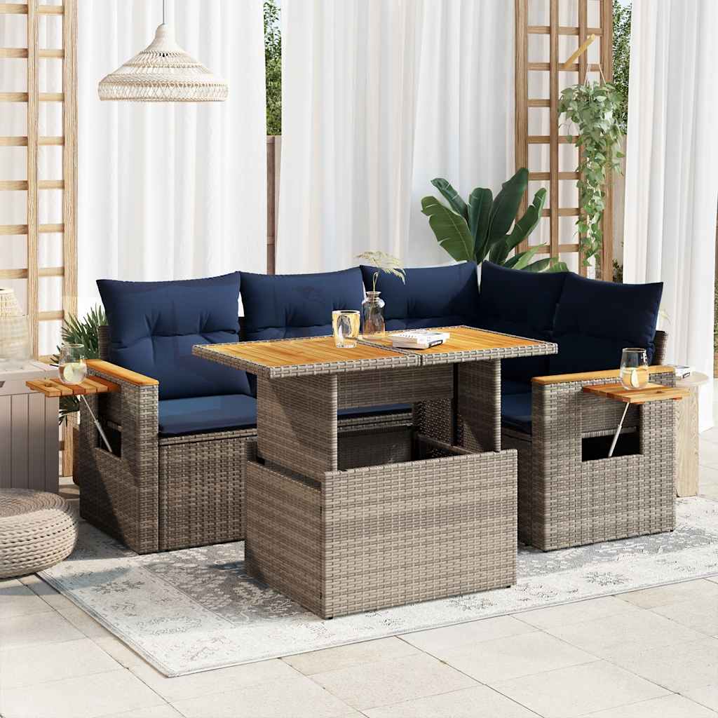 5-tlg. Garten-Sofagarnitur mit Kissen Grau Poly Rattan Akazie