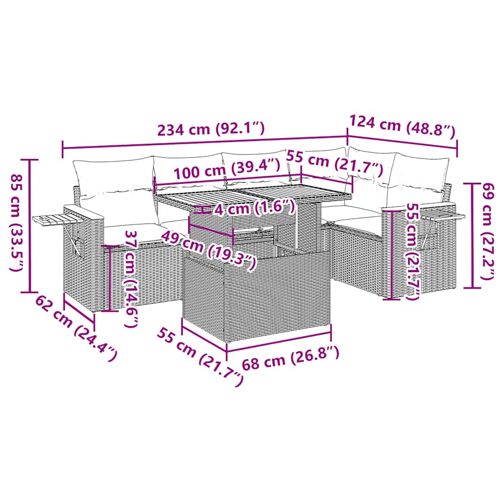 6-tlg. Garten-Sofagarnitur mit Kissen Schwarz Poly Rattan