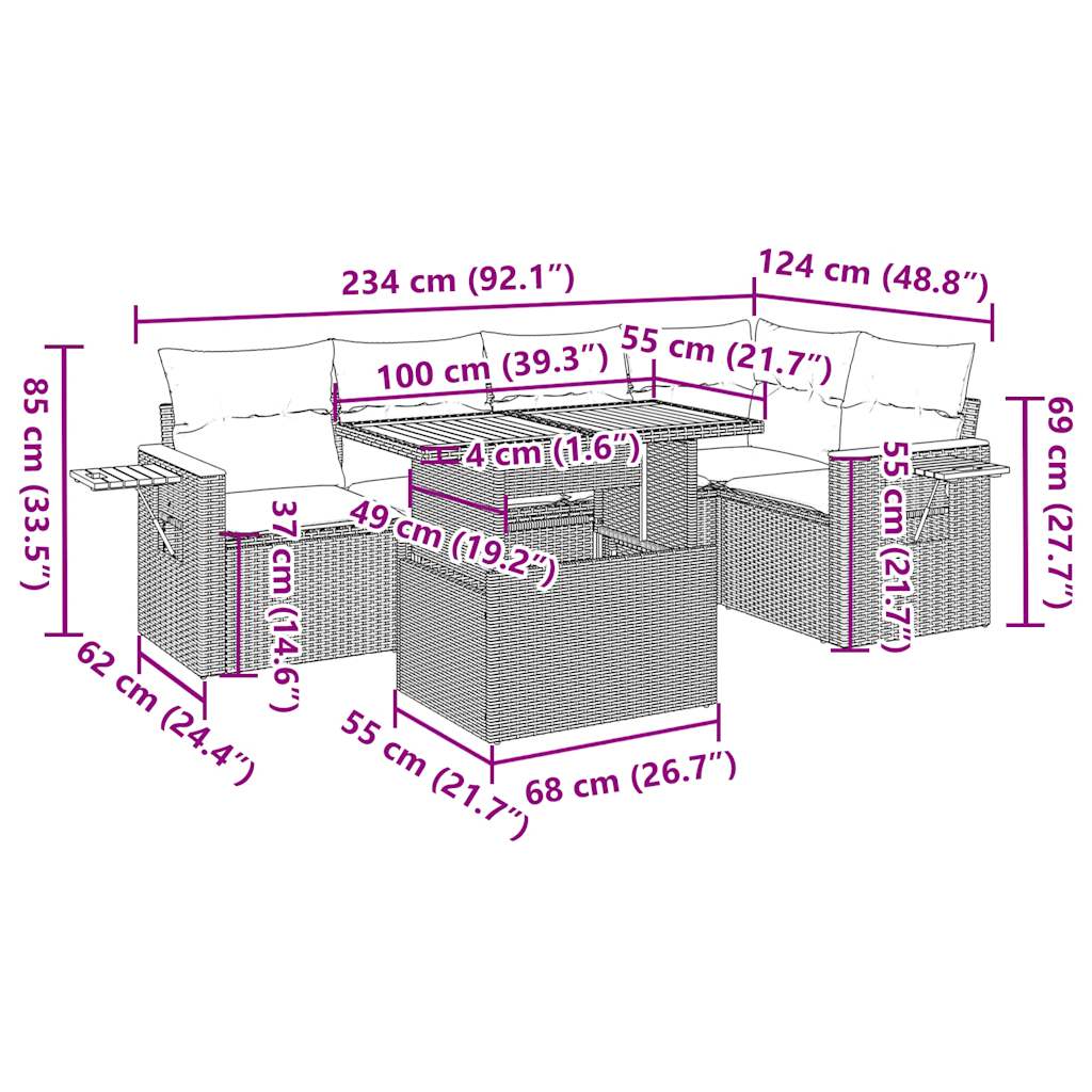 6-tlg. Garten-Sofagarnitur mit Kissen Beige Poly Rattan Akazie