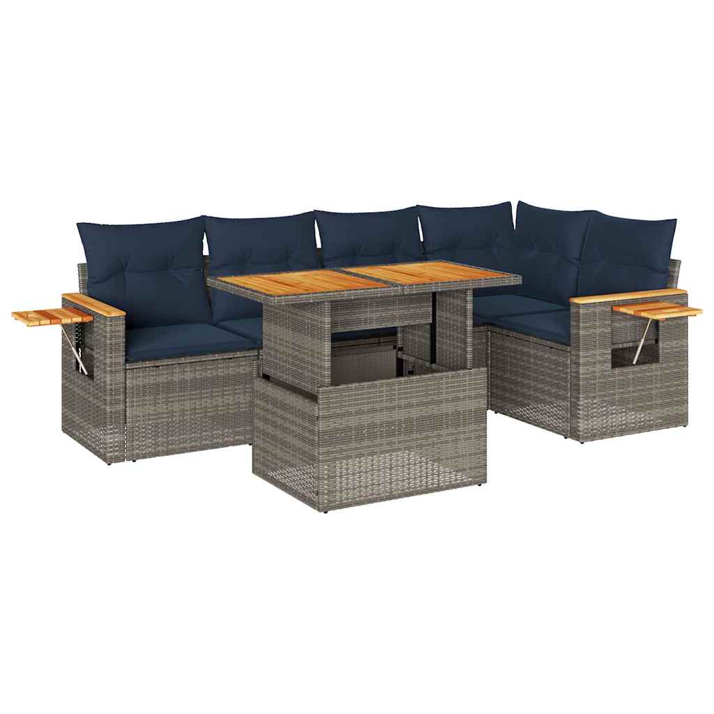 6-tlg. Garten-Sofagarnitur mit Kissen Grau Poly Rattan Akazie