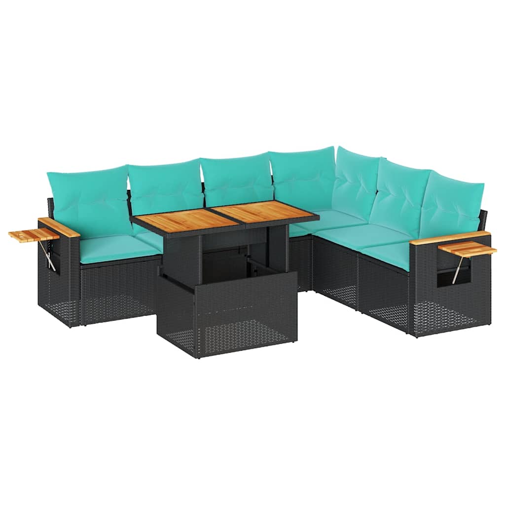 7-tlg. Garten-Sofagarnitur mit Kissen Schwarz Poly Rattan