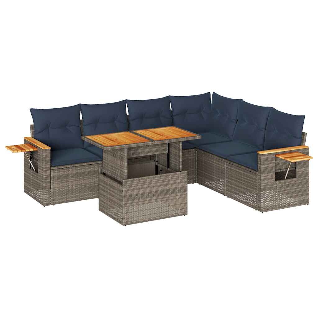 7-tlg. Garten-Sofagarnitur mit Kissen Grau Poly Rattan Akazie