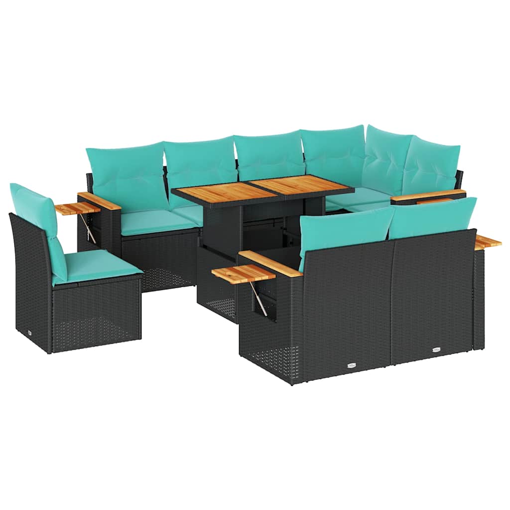 9-tlg. Garten-Sofagarnitur mit Kissen Schwarz Poly Rattan