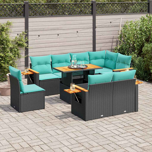 9-tlg. Garten-Sofagarnitur mit Kissen Schwarz Poly Rattan