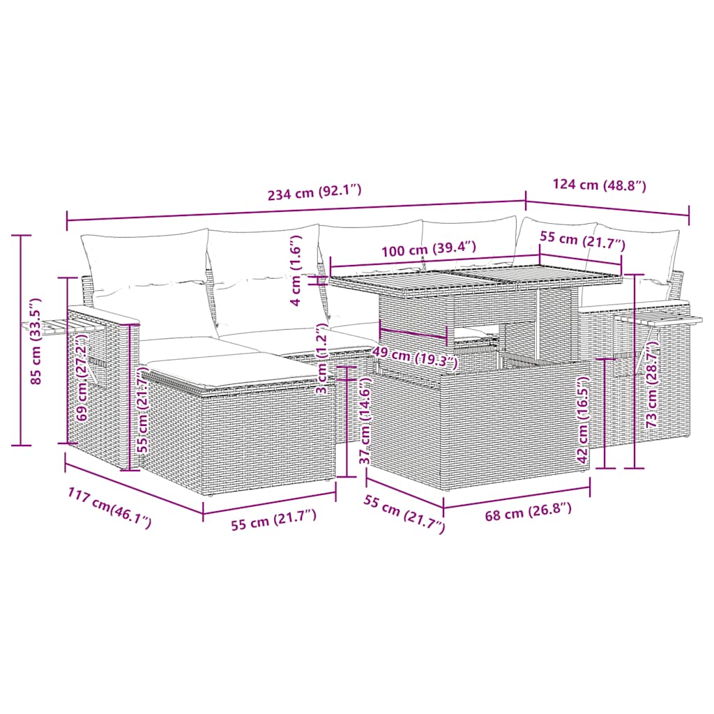 7-tlg. Garten-Sofagarnitur mit Kissen Schwarz Poly Rattan
