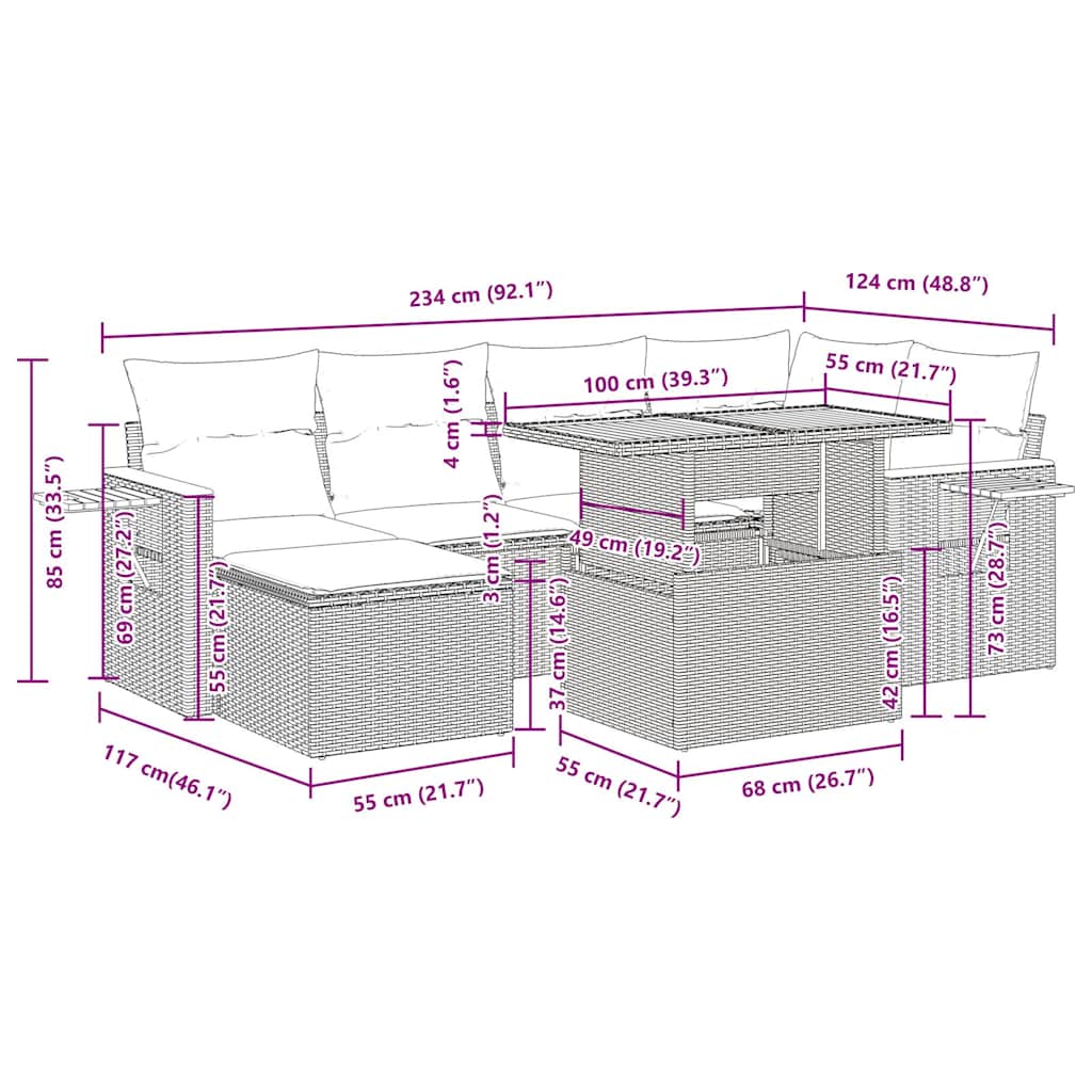 7-tlg. Garten-Sofagarnitur mit Kissen Braun Poly Rattan Akazie