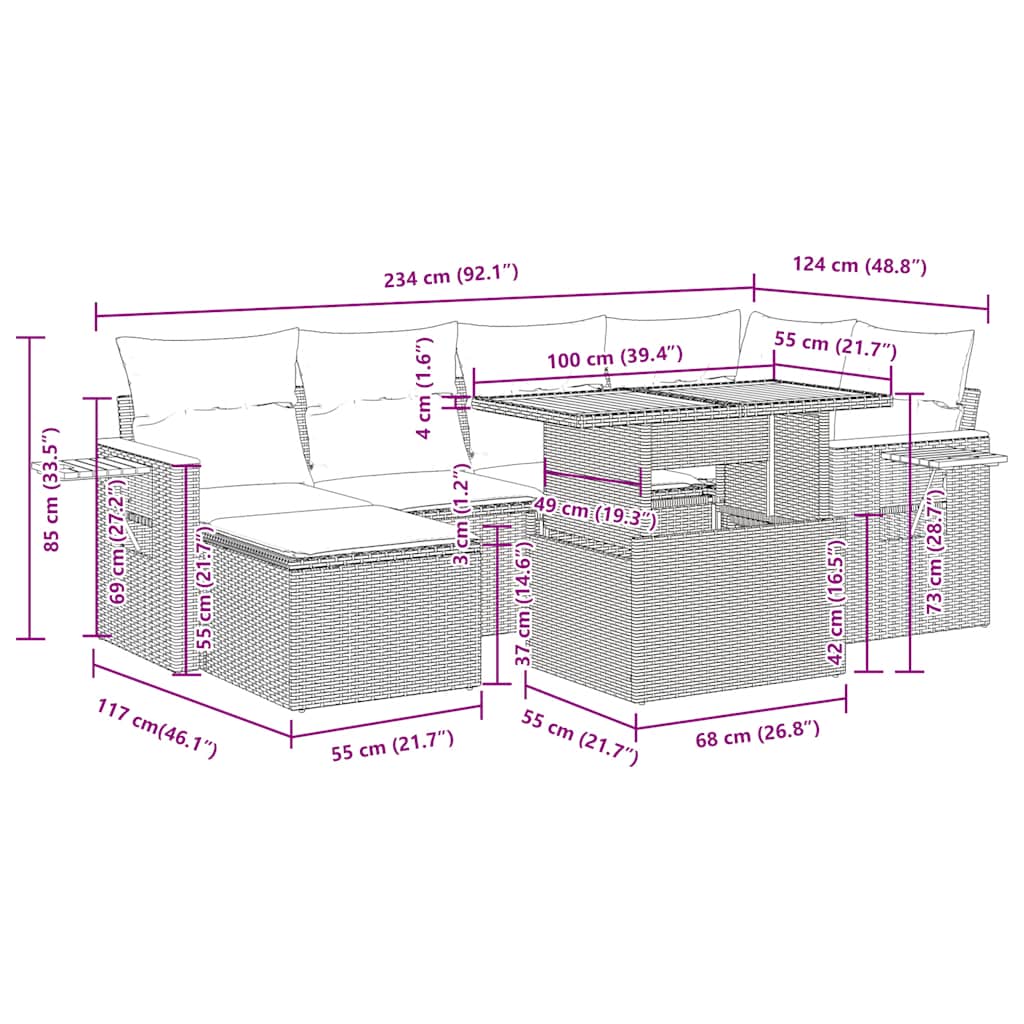 7-tlg. Garten-Sofagarnitur mit Kissen Beige Poly Rattan Akazie