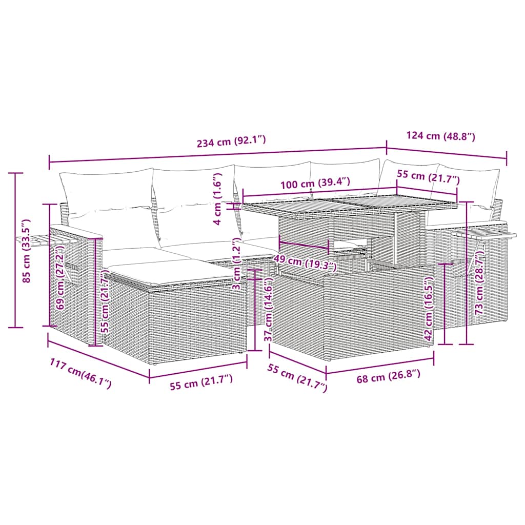7-tlg. Garten-Sofagarnitur mit Kissen Grau Poly Rattan Akazie