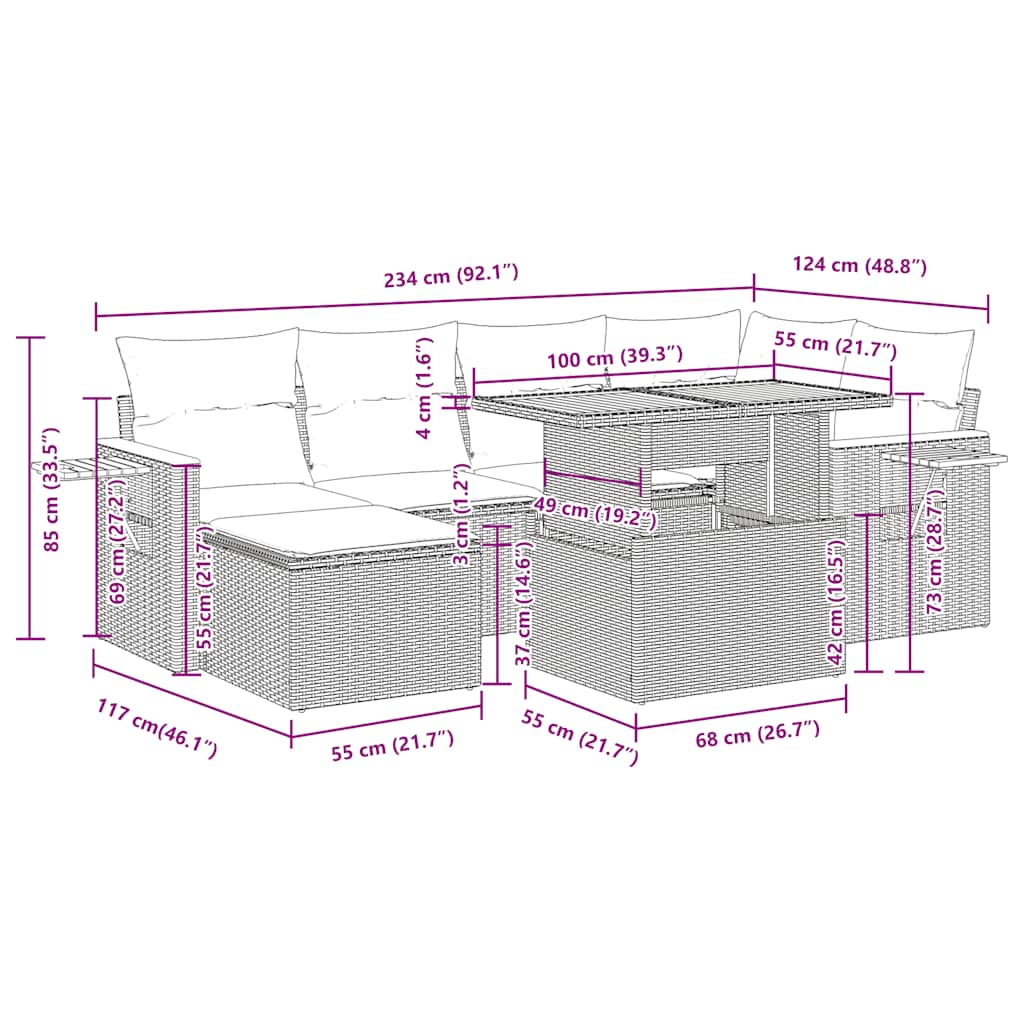 7-tlg. Garten-Sofagarnitur mit Kissen Schwarz Poly Rattan
