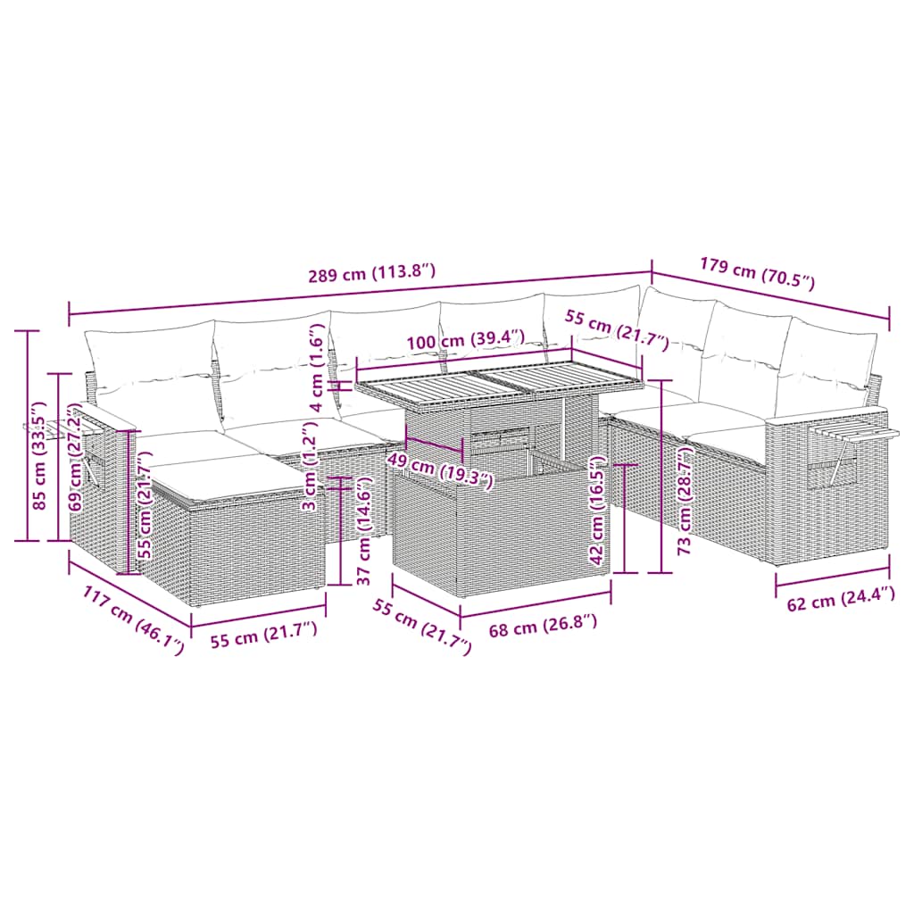 9-tlg. Garten-Sofagarnitur mit Kissen Schwarz Poly Rattan