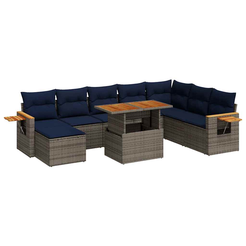10-tlg. Garten-Sofagarnitur mit Kissen Grau Poly Rattan Akazie