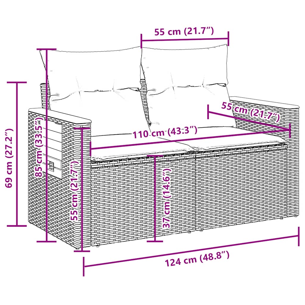 10-tlg. Garten-Sofagarnitur mit Kissen Grau Poly Rattan Akazie