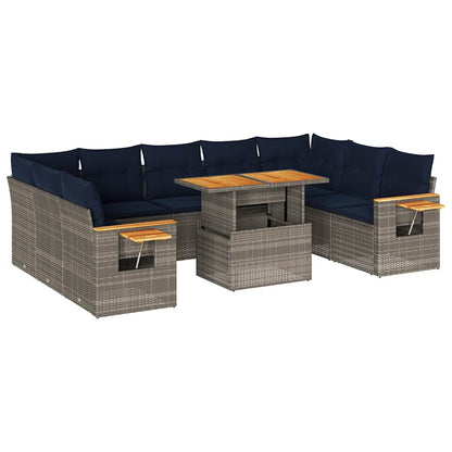 10-tlg. Garten-Sofagarnitur mit Kissen Grau Poly Rattan Akazie