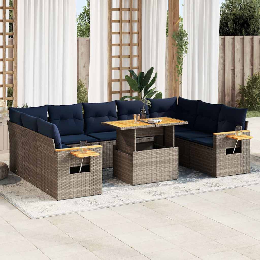 10-tlg. Garten-Sofagarnitur mit Kissen Grau Poly Rattan Akazie